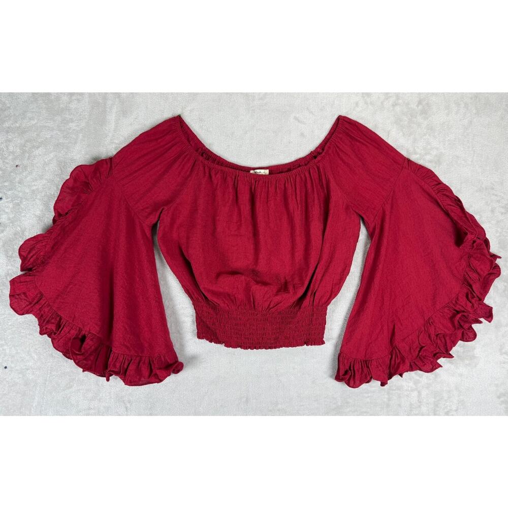 Bleuh Ciel Off Shoulder Crop Top M Red Ruffle Bell Slv Boho Festival Cottagecore